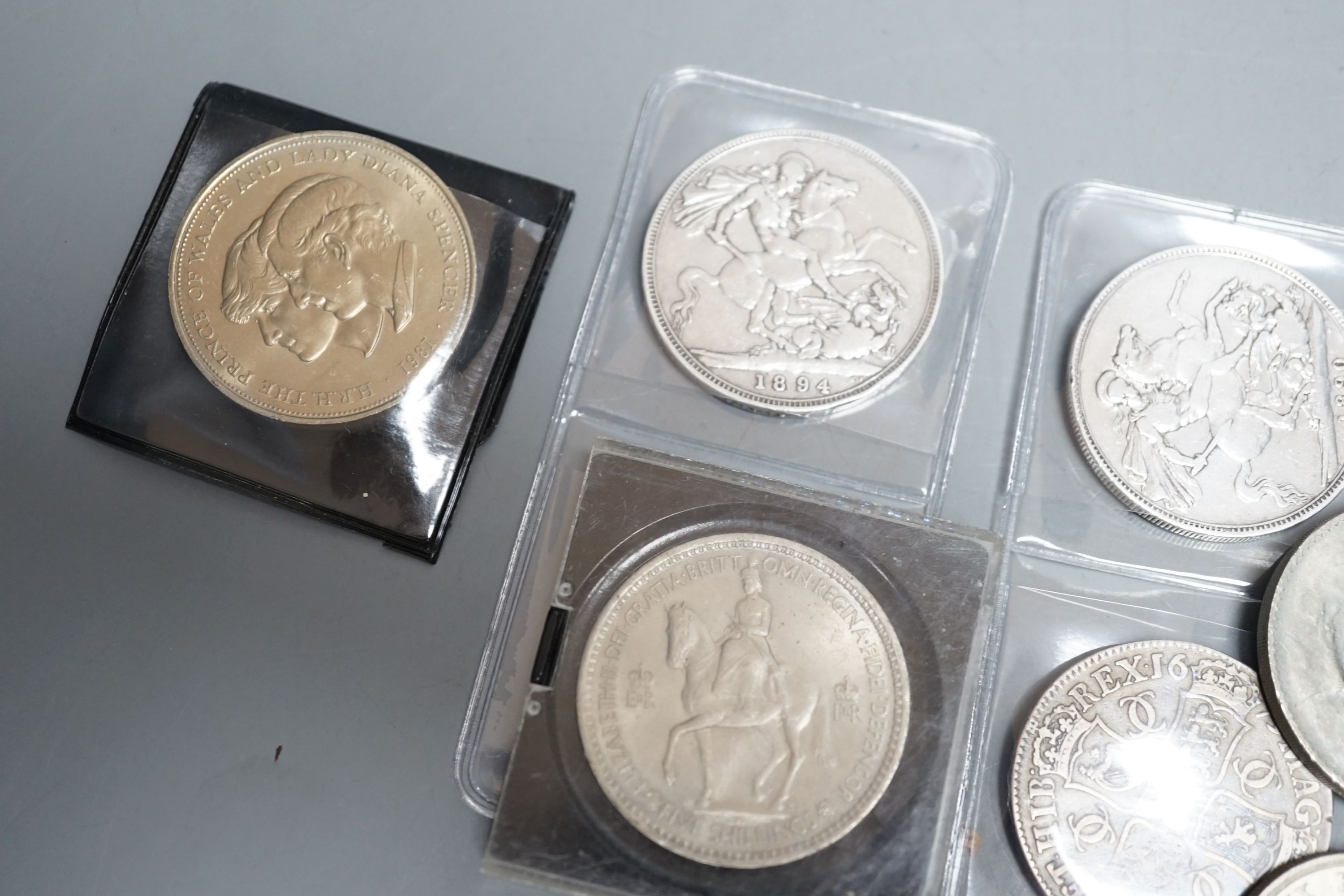 Charles II crown 1679, three Victorian silver crowns, Morgan dollar, etc.